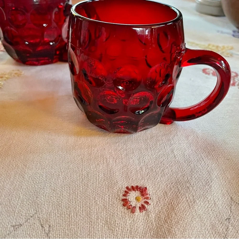 Vintage Ruby Red Mid-century Modern Glass Thumbprint Mugs. Set of 3. 8oz.